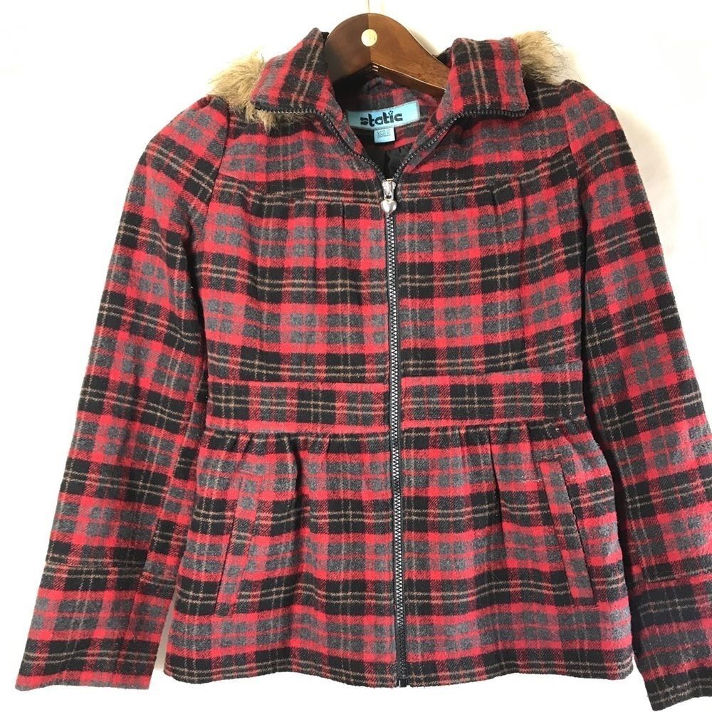 Static Girl Hooded Coat Red Plaid Size 14-16